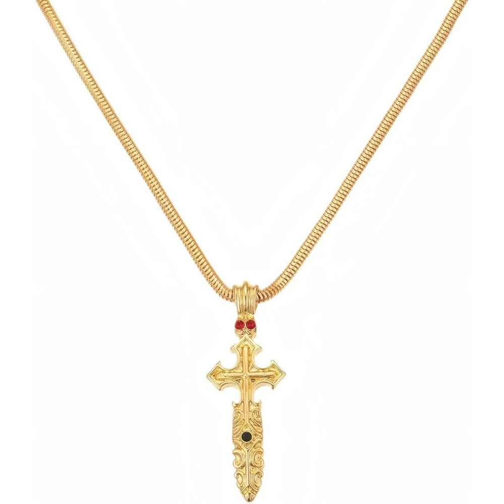 Vintage Gold Plated Cross Pendant Necklace Red Crystal Crown Unisex 23 Inch